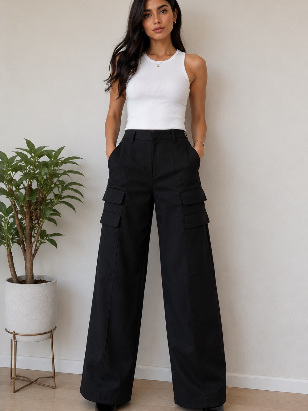 Noli Black Wide-Leg Cargo Pants